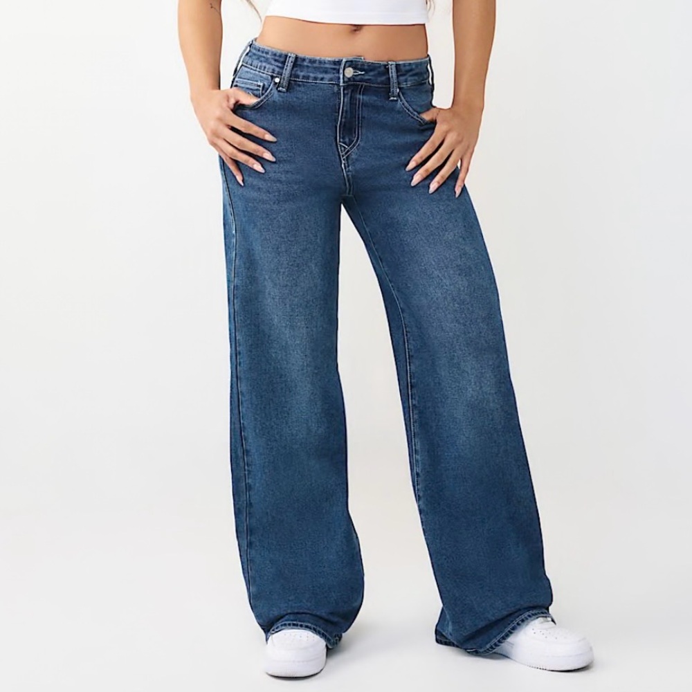 True Religion Bobbi Mid Rise Baggy Jeans Women’s Size 29 Logo Pockets Wide Leg
